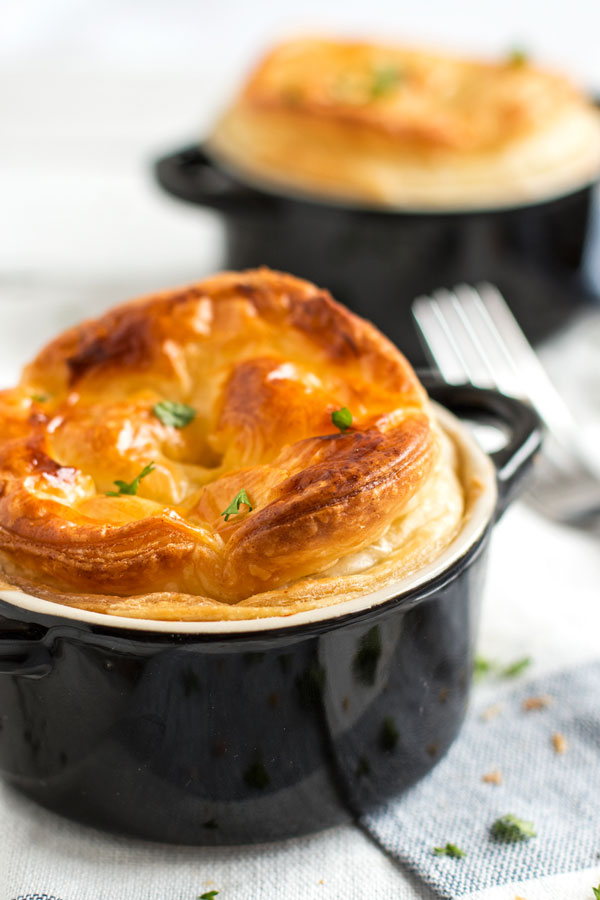 Individual Creamy Rotisserie Chicken Pot Pies, topped with Buttery Puff Pastry! Perfect Cold Weather Comfort&nbsp;Food!