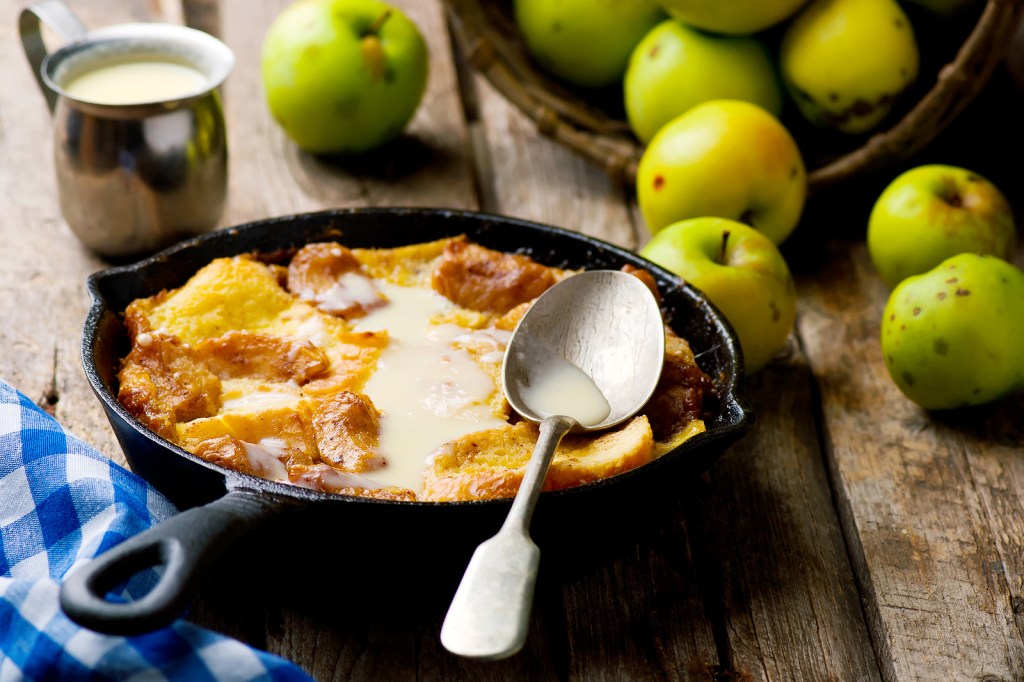 Warm Salted Caramel Apple Strada with Vanilla Sauce 