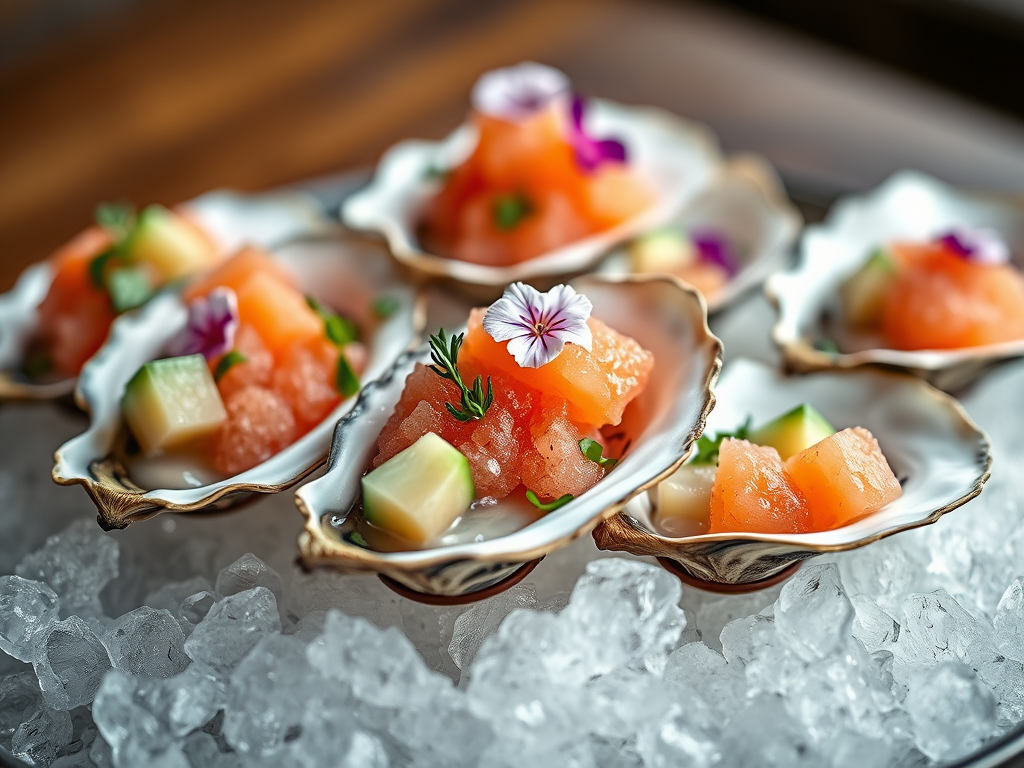 Kumamoto Oysters with Watermelon Granita, Cucumber and Serrano&nbsp;Chili